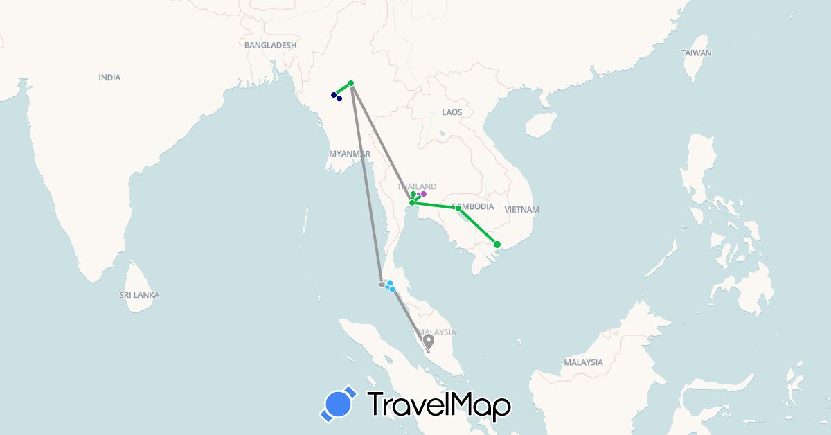 TravelMap itinerary: driving, bus, plane, train, boat in Cambodia, Myanmar (Burma), Malaysia, Thailand, Vietnam (Asia)